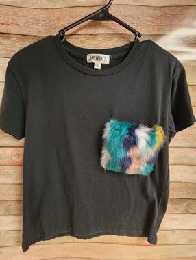 Say What? Black Tee with Teal, Navy, Yellow & Pink Faux Fur Pocket